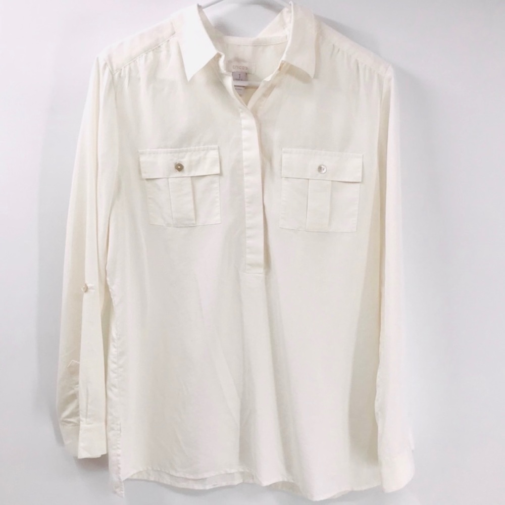 CHICO’S Half-Placket Roll-Tab Sleeve Dress Shirt Size M - Picture 4 of 5